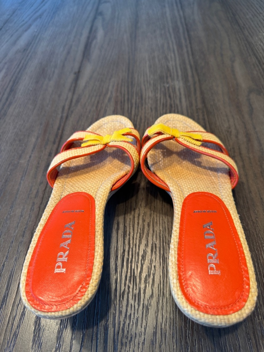 Prada Beige Raffia Slide Mules with Yellow Bow and Coral Trim - Picture 5 of 14